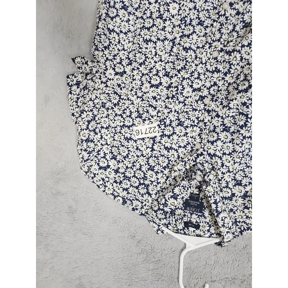 J Crew Shirt Mens Large Slim Flex Washed Daisy Floral Short Sleeve Blue Oxford L